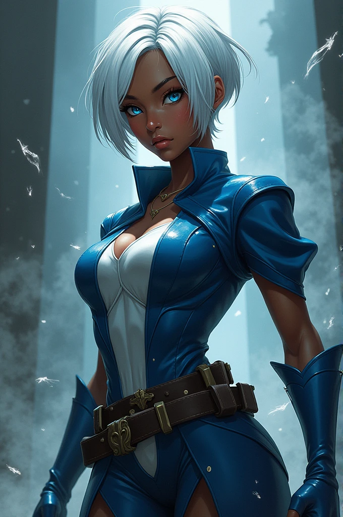 demon slayer girl, African American with blue eyes, short white hair, Misturi Kanroji demon slaying uniform,