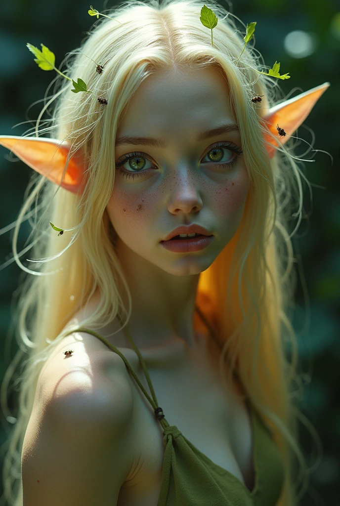 (Realystic:1.4), analog photo style, depths of field, (a blond-haired adult Pixie with different eyes), (small leaves and insects got tangled in wet hair), wide waist, (her full body is a visual pleasure), view from above, dark fantasy atmosphere, deep shadows with the some sun rays, a delicate balance between reality and fantastic, faded colours, great quality, Masterpiece, most detailed blurred surreal background, naturally cinematic light, 16k quality, kodak porta 400, bokeh.