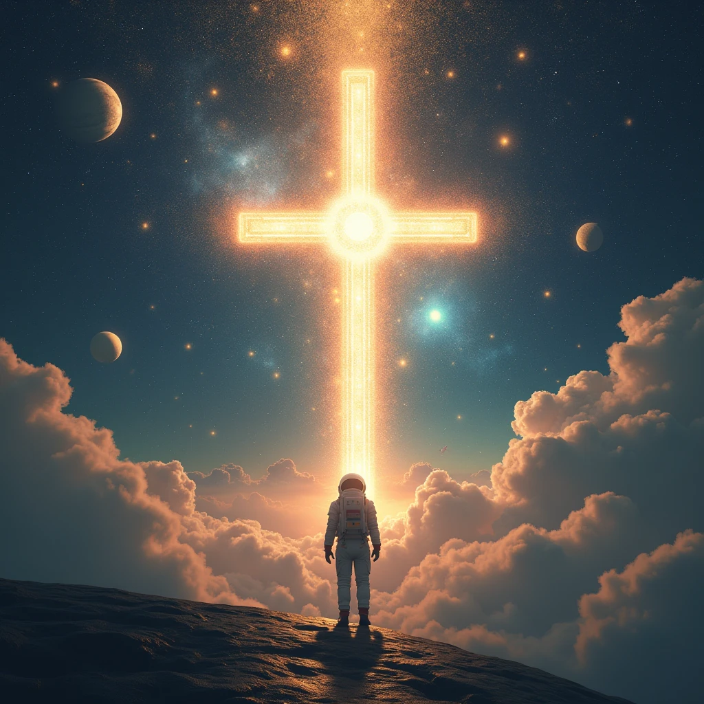 A cross , outer space , constellations, stars , planets , an astronaut