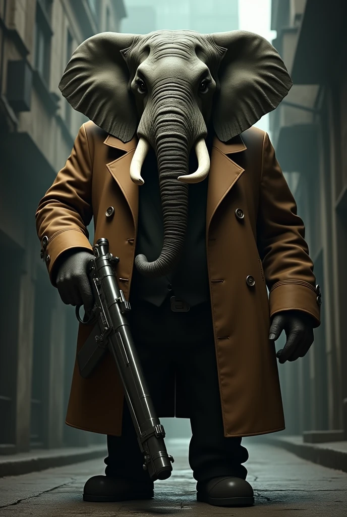 Mafia elephant standing with a gun wearing a brown trench coat