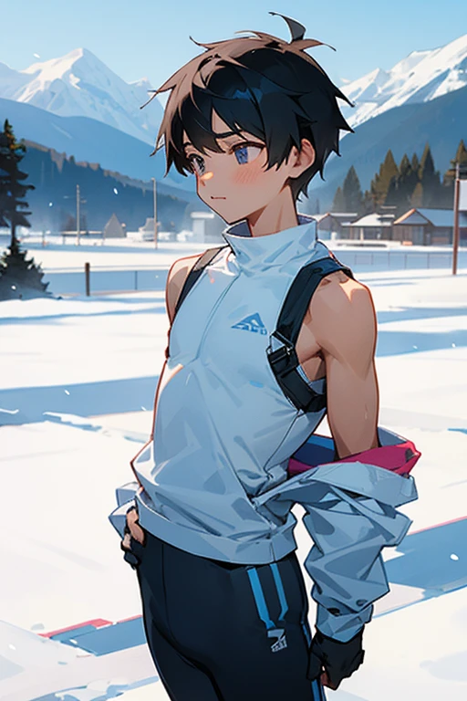 Snowy mountains in the background、An elementary school boy standing wearing a tight white Y-back tank top