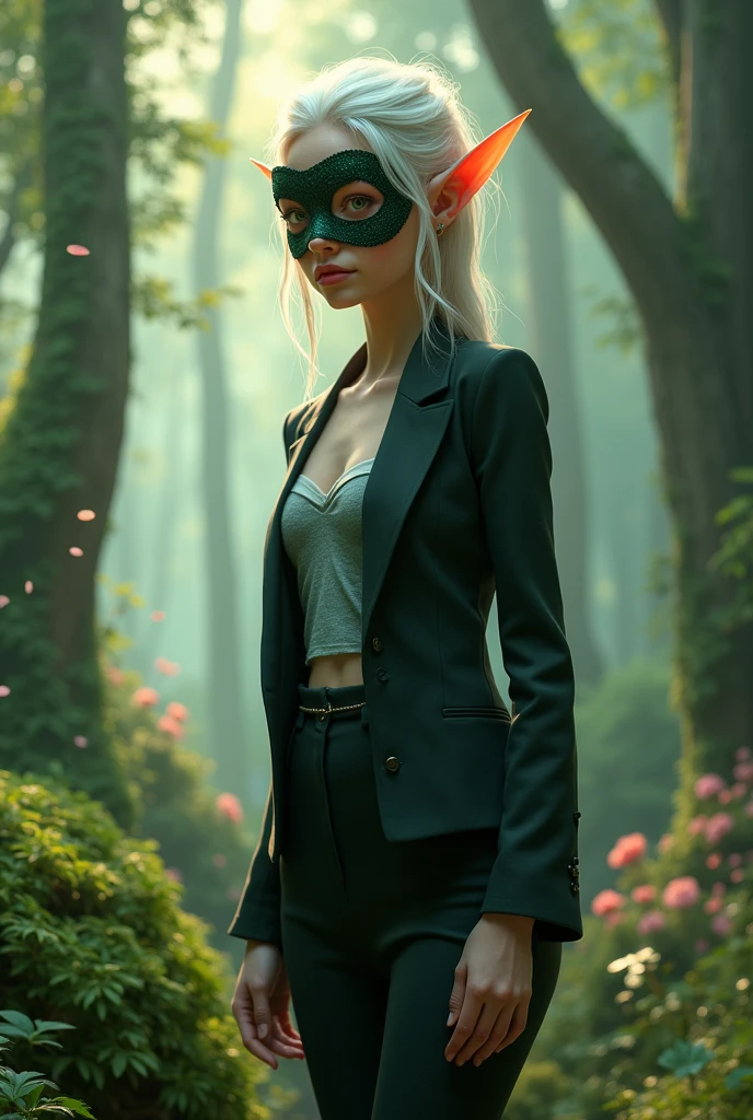 Beautiful elf, wearing mask, suit and tee on a magic forest