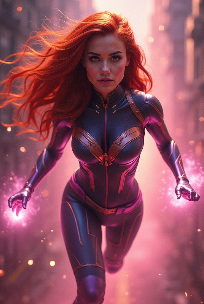 A red haired , pink skinned girl with a space rocks like body suit and a powerful aura anf flying she have a beautiful face and a long hair , have a marvel live action