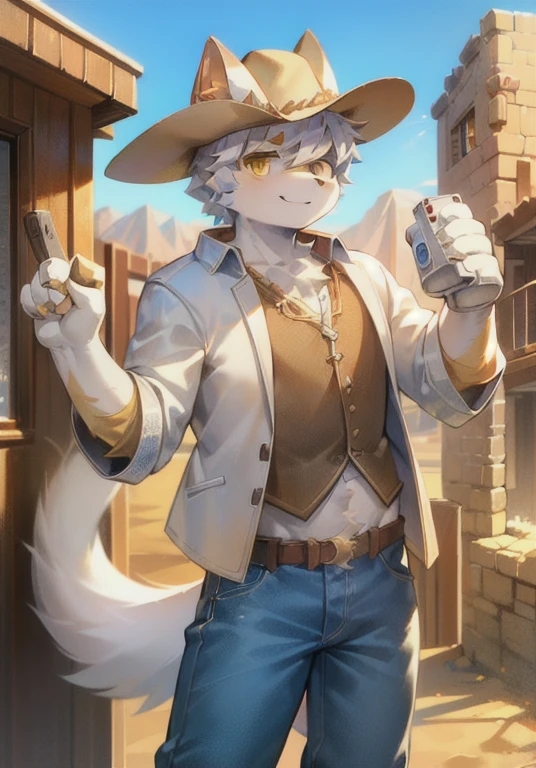,White male cat,Boys,Lovely,Q version,,Big furry tail,Hairy pads,Golden Eyes,Silver Hair,Detailed background,desert,Cowboy hat,jeans,Western Cowboy,Plaid Clothes,Holding a pistol
