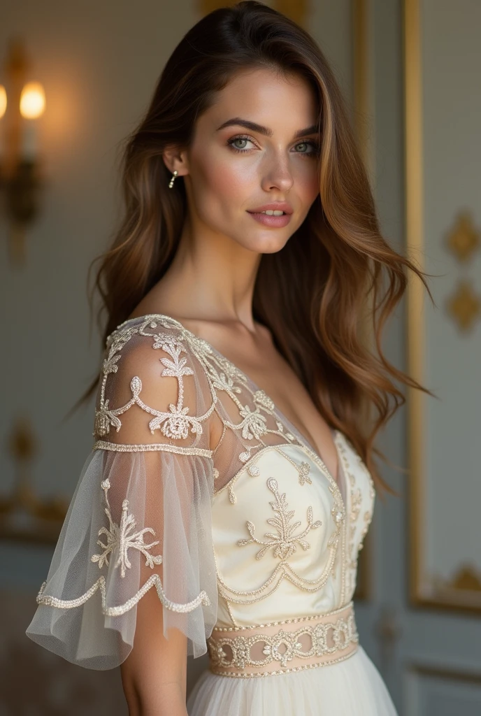 European woman model wearing short dress with light luxurious embroidery