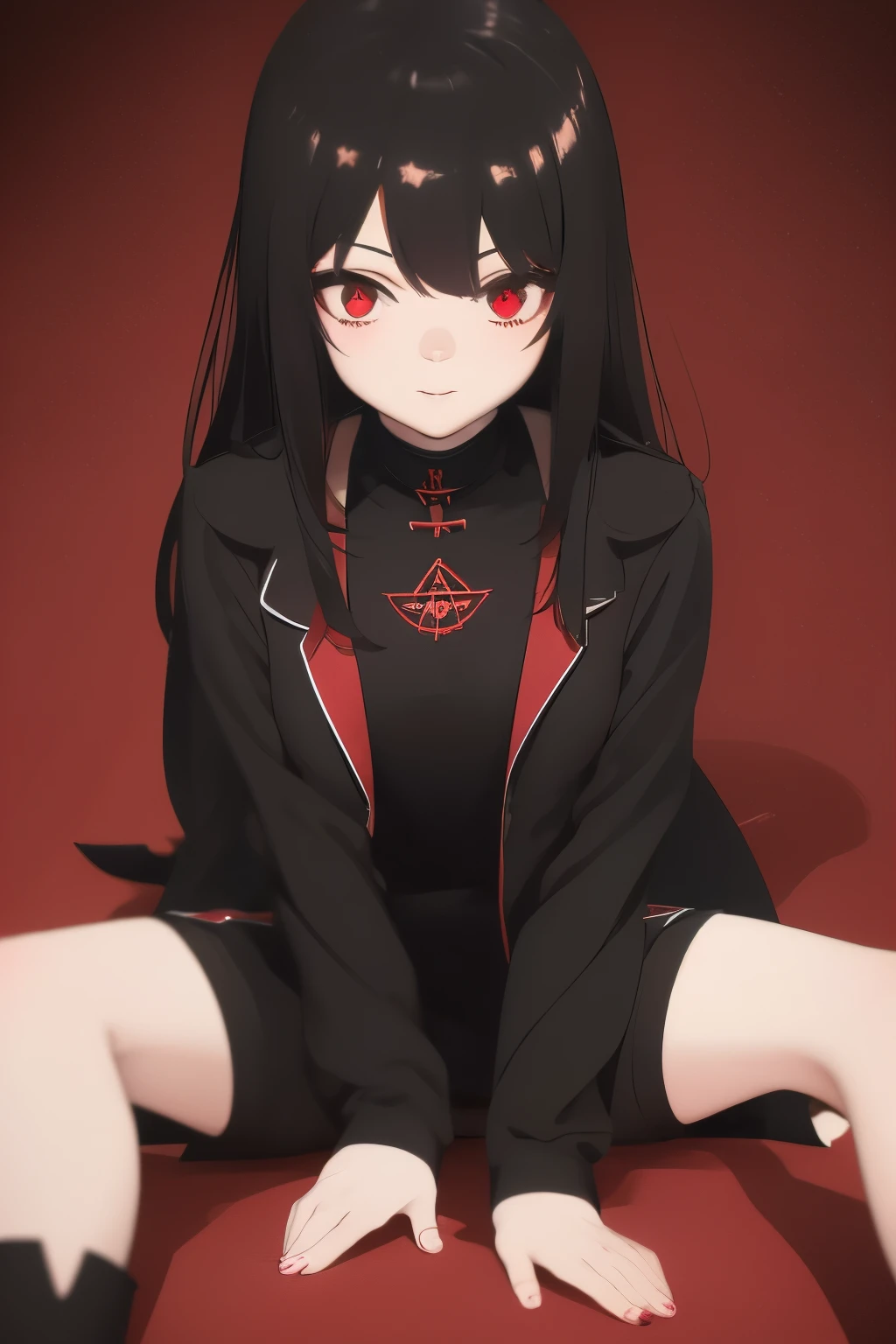 A cute vampire sitting on your bedroom floor, hellspawn vampire, black straight hair, crimson eyes, location: Middle of your room, sitting cross-legged, burned pentagram into your carpetfloor [Detailed background, 8k]