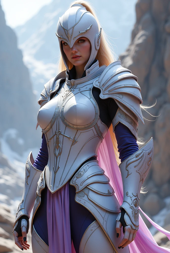 Generate an image of female white and light purple battle armor