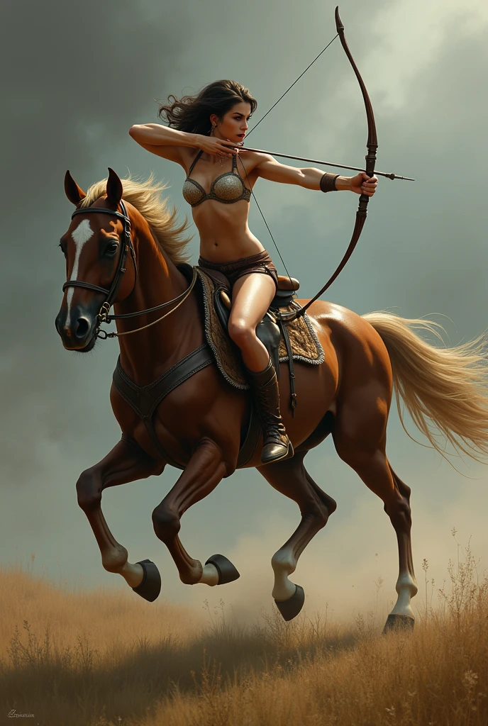 FEmale archer shooting an arrow riding a horse wearing only underwear, no shoes. the horse without reins nor seat. Hyperrealistic dramatic style. tense feet .