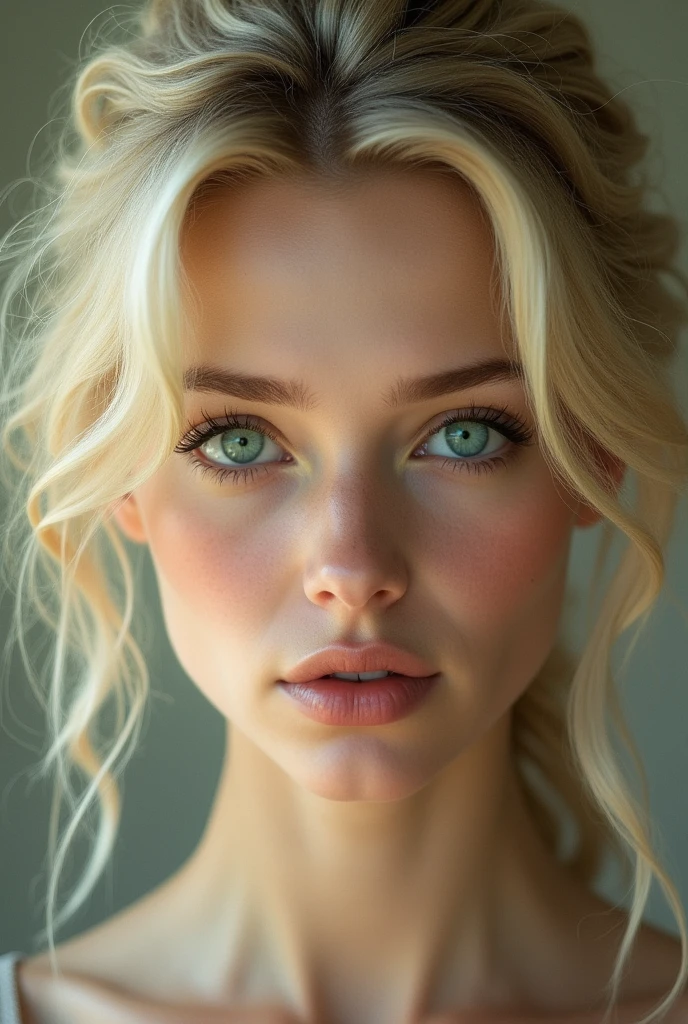 face of a very realistic woman with blonde green eyes