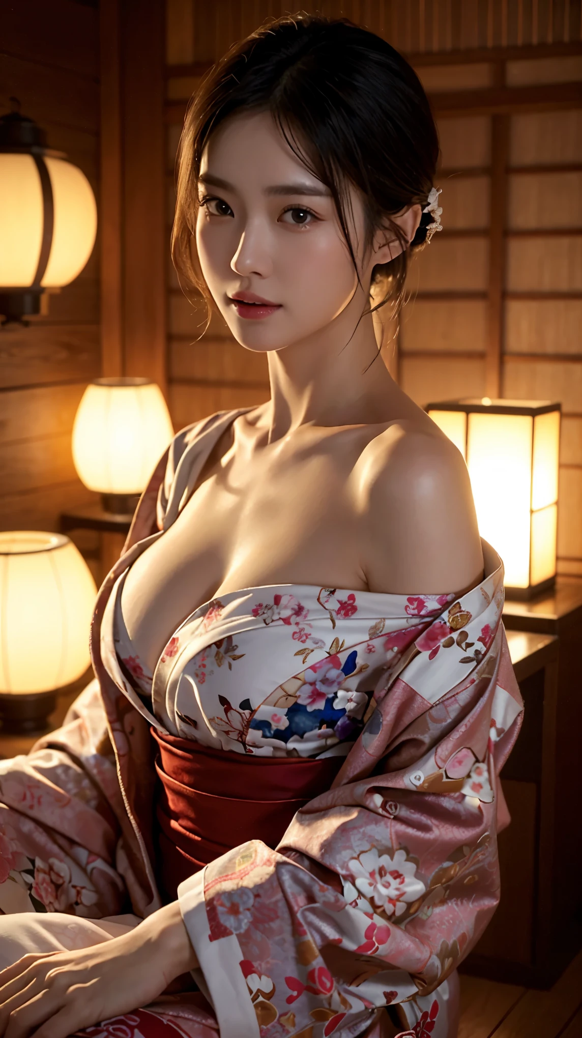 face  :9,41434626], A charming beautiful mature woman、40 years、key　154cm、Balanced body type、hourglass figure、Japan wearing yukata、Yukata at a Japanese inn、Shoulders out、clavicle、japanese model、sexy japanese women, Gorgeous Japanese Women, japanese goddess, laugh、RAW photos, (In 8K、best quality、masterpiece:1.2)、(intricate details:1.4)、(realistic:1.4)、octane rendering、Highly detailed 3D rendering, studio lighting, rim light, vivid details, super detail, realistic skin texture, detailed aspects, Beautiful details for the eyes, Highly detailed CG Unity 16k wallpaper, compensate, (detailed background:1.2),　glowing skin、