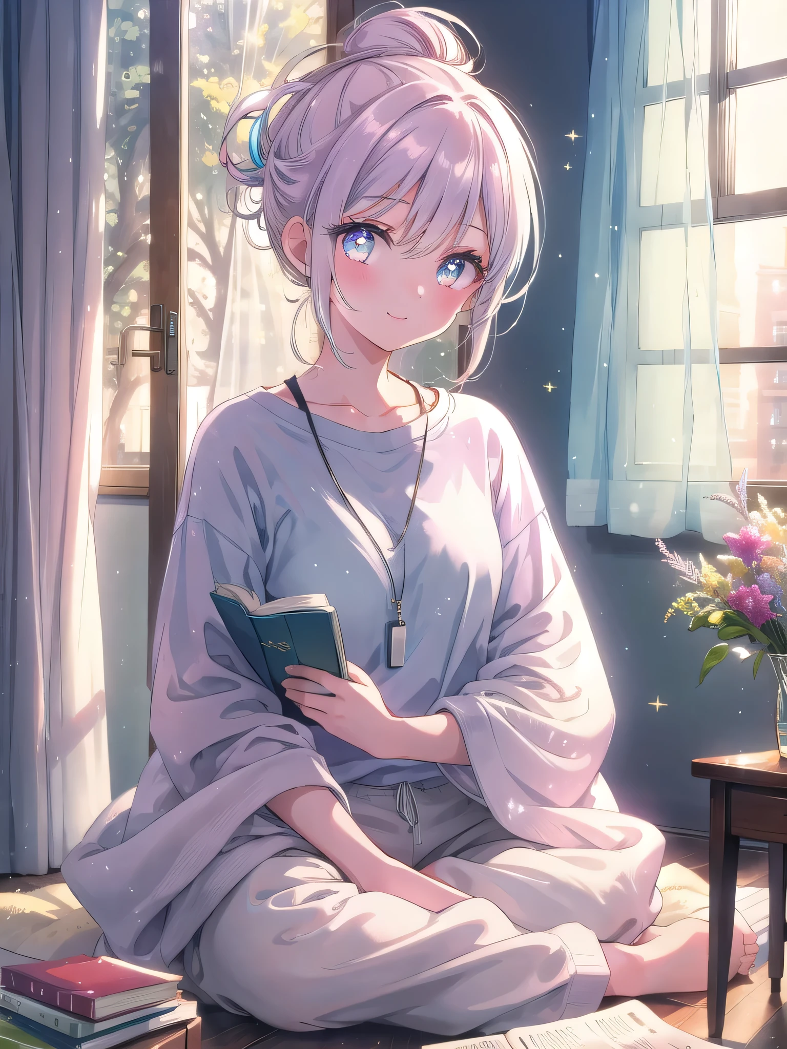 ((8k, Highest quality, masterpiece: 1.3)),Ultra-high resolution,(1 girl, alone), (Color changing eyes, Ultra-detailed, Expressive brilliance, Glitter, Glowing Eyes), Highly detailed eyes, Highly detailed face, Random Hair, ((pastel colour))A beautiful woman sitting on the floor in her living room, surrounded by books and magazines. She’s dressed in a casual white T-shirt and soft joggers, with her hair tied up in a messy bun. The afternoon light filters through the curtains, creating a cozy, relaxed atmosphere. She’s flipping through a book, occasionally glancing up at the camera with a soft, contented smile, as if sharing a quiet, peaceful moment with her boyfriend.