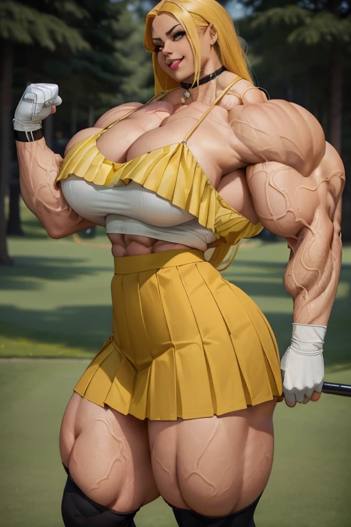 (((Close-up))), tall, (yellow hair) beautiful muscular Latino woman, long flowing hair, brown skinned, large breast, closed smile, (black lipstick), (massive muscles), (hyper muscle), ((ginormous bulky muscles)), red eyes, (((yellow golf top))), (((black long pleated skirt))), (thigh high socks), choker, sneakers, in a golf course,