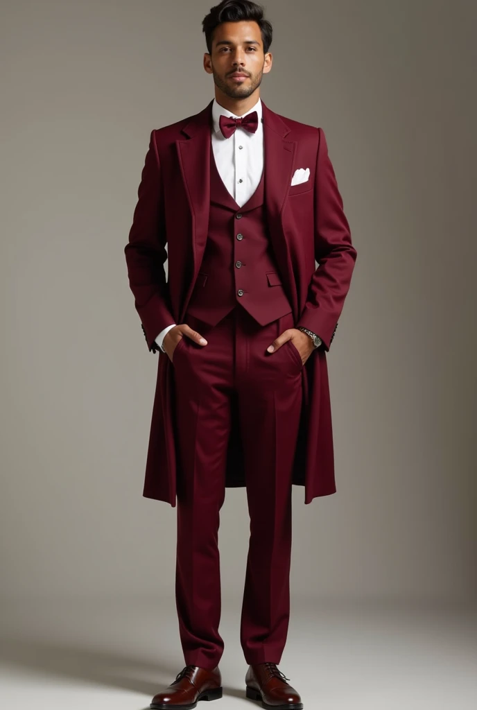 Create a groom's Attire. Burgundy open style coat with Burgundy vest, white long sleeve, burgundy bowtie and brown shoes. Whole body picture for medium Male and light brown skin.