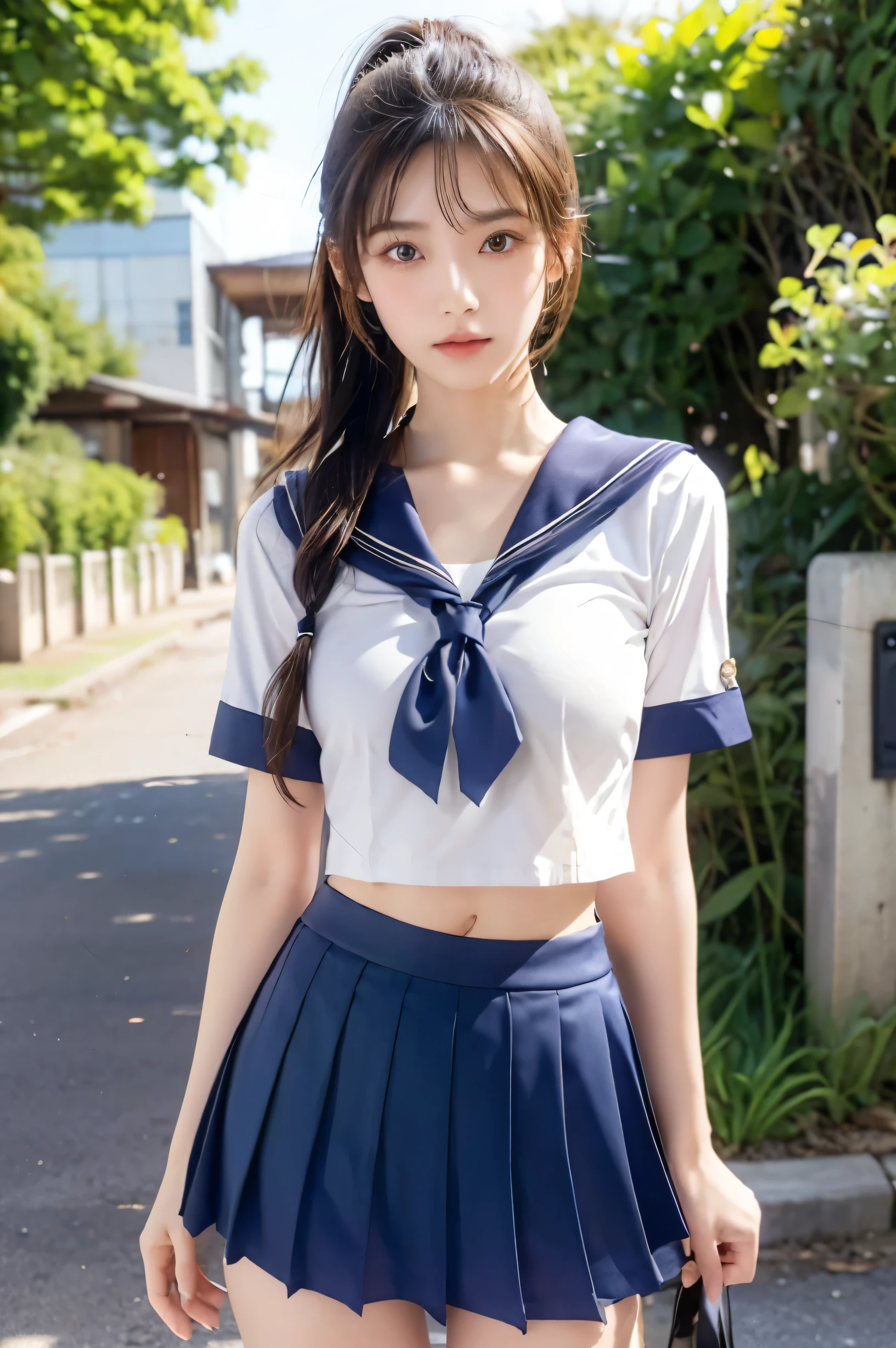 (Ultra HD), (Looking at me), (The whole body is shown), (Short-sleeved sailor uniform, Navy blue low-rise mini skirt), Big Breasts, Super beautiful breasts, slender, Narrow waist, (Thin legs:1.2), (Thin thighs:1.2), (Thin Hips:1.4), (Beautiful Skin, Shiny skin, White skin), (Super slim face, Super beautiful face, No makeup, Smile:0.6), (ponytail, Layered Cut, Fluffy hair), (double eyelid, Slanted Eyes), (Small Nose), (Thin lips), Are standing, In front of the school gate