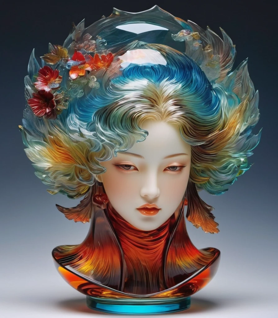 A detailed and vivid glass sculpture portrait, alisabcnv is in bright colors、Intricately detailed fantasy landscapes, The art style combines realism and surrealism elements, Nguyen Gia、Works by artists such as Yoshitaka Amano.