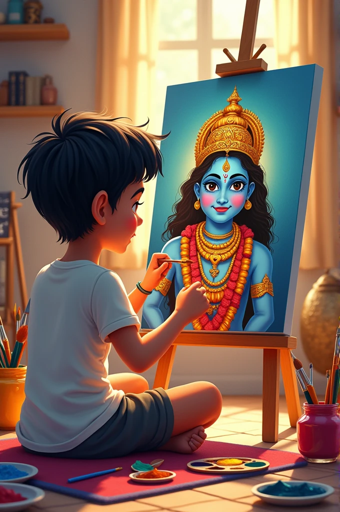 Mishank named T-shirt wearing a 1 boy making a painting of lord Ram and lord Krishna on canvas and surrounded with colours and brushes in a room or an area .