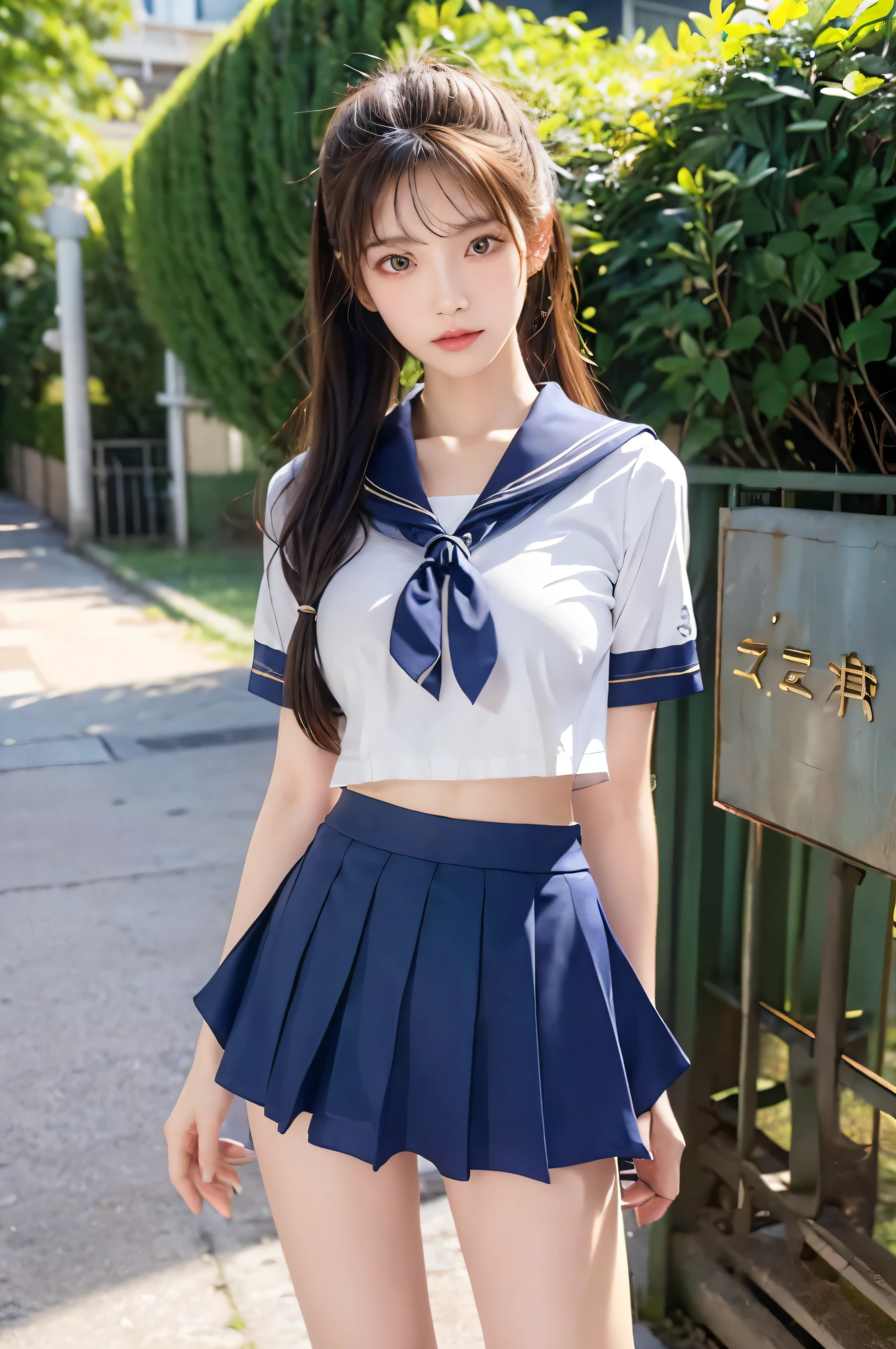 (Ultra HD), (Looking at me), (The whole body is shown), (Short-sleeved sailor uniform, Navy blue low-rise mini skirt), Big Breasts, Super beautiful breasts, slender, Narrow waist, (Thin legs:1.2), (Thin thighs:1.2), (Thin Hips:1.4), (Beautiful Skin, Shiny skin, White skin), (Super slim face, Super beautiful face, No makeup, Smile:0.6), (ponytail, Layered Cut, Fluffy hair), (double eyelid, Slanted Eyes), (Small Nose), (Thin lips), Are standing, In front of the school gate