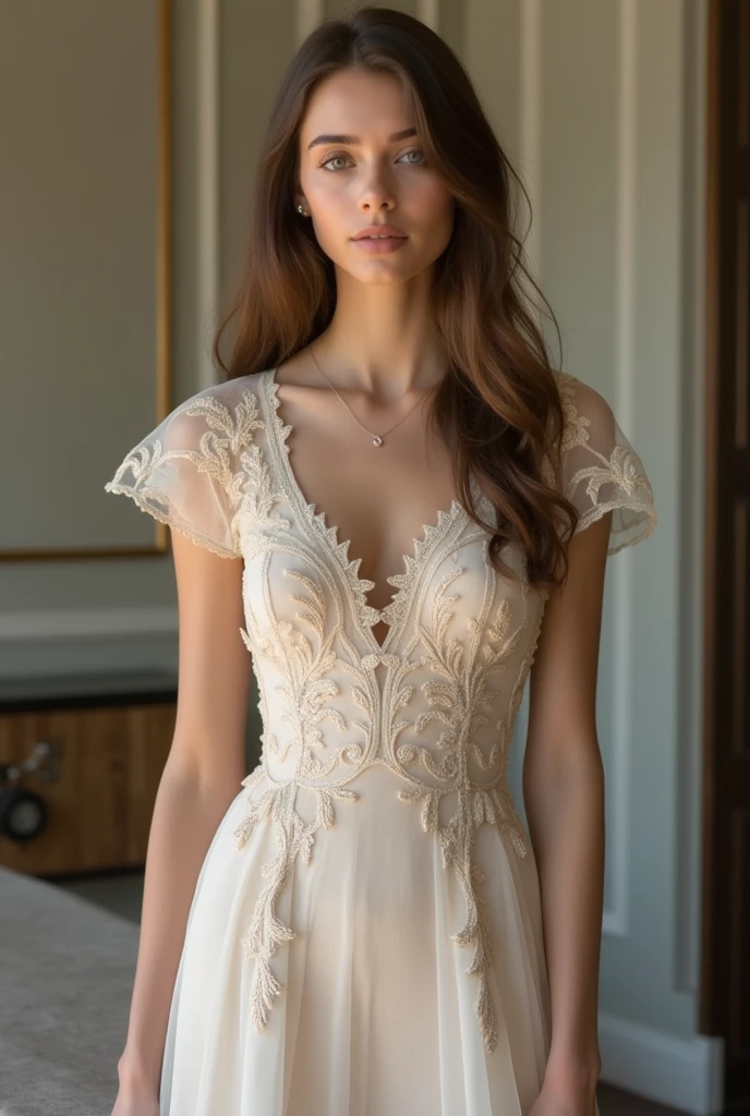 European woman model wearing short dress with light luxurious embroidery