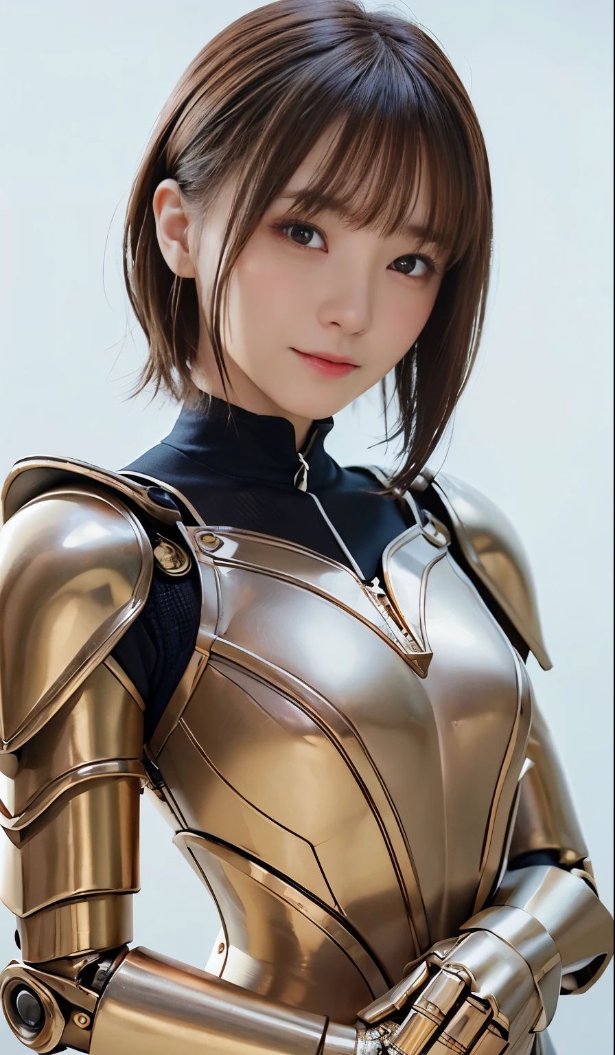 top-quality、​masterpiece、超A high resolution、(Photorealsitic:1.4)、Raw photo、1人、Golden hair、glowy skin、(((1 Mechanical Girl)))、With a beautiful knife、（Silver Metal Bodysuit）、(Medieval European city background)、(Small LED)、((super realistic details))、portlate、globalillumination、Shadow、octan render、8K、ultrasharp、metals、Details of complex ornaments、Japan details、highly intricate detail、Realistic light、CGSoation Trends、radiant eyes、Facing the camera、neon details、(Mechanical limbs)、()、Mechanical vertebrae attached to the back、mechanical cervical attaching to neck、()、Gundam、Small LED、Best Quality, Photorealistic, 8K, hight resolution, fulcolor, 1girll, Woman, Female, , (Closed mouth:1.73), Pure white background，Bring skin care products closer to the cheeks，With fair skin，semi transparent， view the viewer:1.8, (1girl eyes looking at viewer:1.55), (Medium Hair, brown haired, parted hair:1.45), (Bokeh),