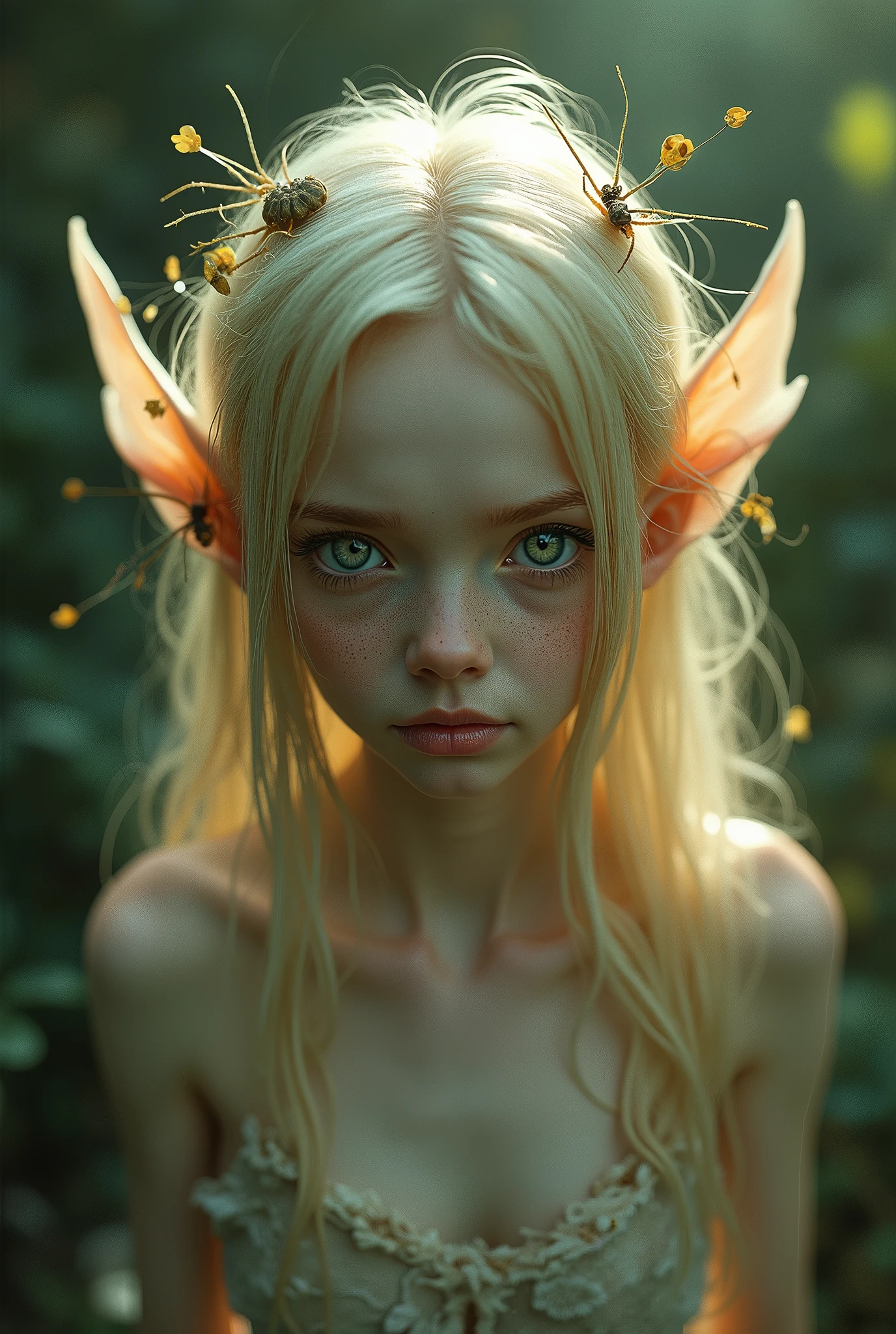 (Realystic:1.4), analog photo style, depths of field, (a blond-haired adult Pixie with different eyes), (small leaves and insects got tangled in wet hair), wide waist, (her full body is a visual pleasure), view from above, dark fantasy atmosphere, deep shadows with the some sun rays, a delicate balance between reality and fantastic, faded colours, great quality, Masterpiece, most detailed blurred surreal background, naturally cinematic light, 16k quality, kodak porta 400, bokeh.