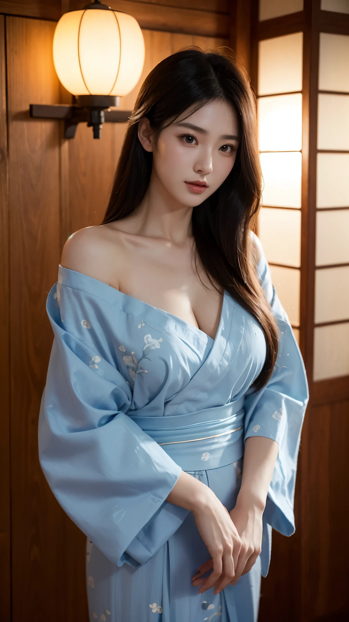 face  :9,41434626], A charming beautiful mature woman、40 years、key　154cm、Balanced body type、hourglass figure、Japan wearing yukata、Yukata at a Japanese inn、Shoulders out、clavicle、japanese model、sexy japanese women, Gorgeous Japanese Women, japanese goddess, laugh、RAW photos, (In 8K、best quality、masterpiece:1.2)、(intricate details:1.4)、(realistic:1.4)、octane rendering、Highly detailed 3D rendering, studio lighting, rim light, vivid details, super detail, realistic skin texture, detailed aspects, Beautiful details for the eyes, Highly detailed CG Unity 16k wallpaper, compensate, (detailed background:1.2),　glowing skin、
