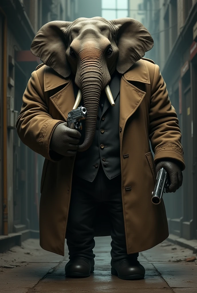 Mafia elephant standing with a gun wearing a brown trench coat