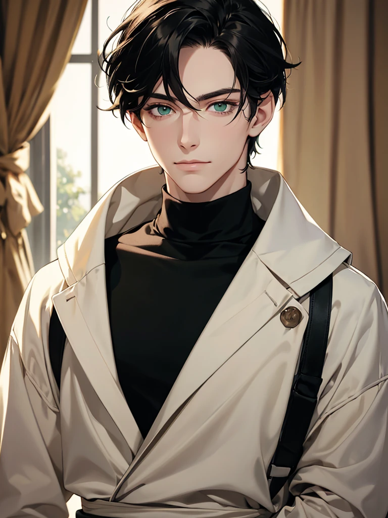 (best quality), 1boy, pale skin, black hair, medium hair, curtain hair, tousled hair, green eyes, perfect eyes, dark circles under eyes, handsome, light smile, attractive, turtleneck sweater, masterpiece, anatomically correct, highres