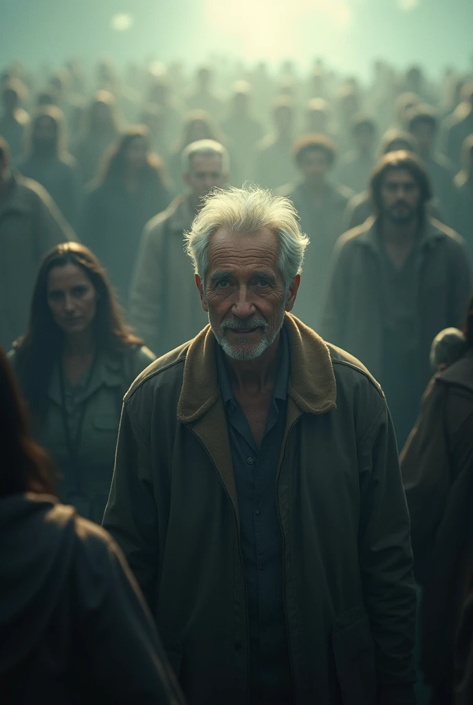 An mature man has young faces, he has short grey hair, faint smile, his face glowing like a crystal, shinning like sun bright, he is in the middle of millions people, those people surround him, those people just like a shadow