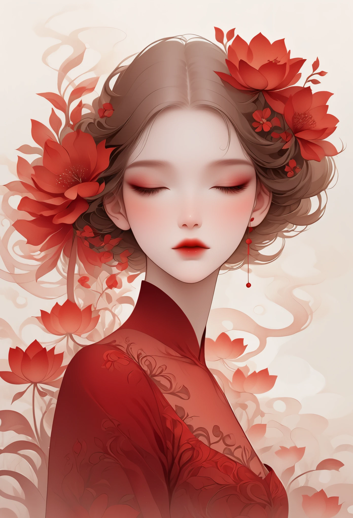 (masterpiece, best quality:1.2), 1 girl, Solitary,Pretty Face,Red Lipoism Art Nouveau,Illustration style,Black and red,Flowers