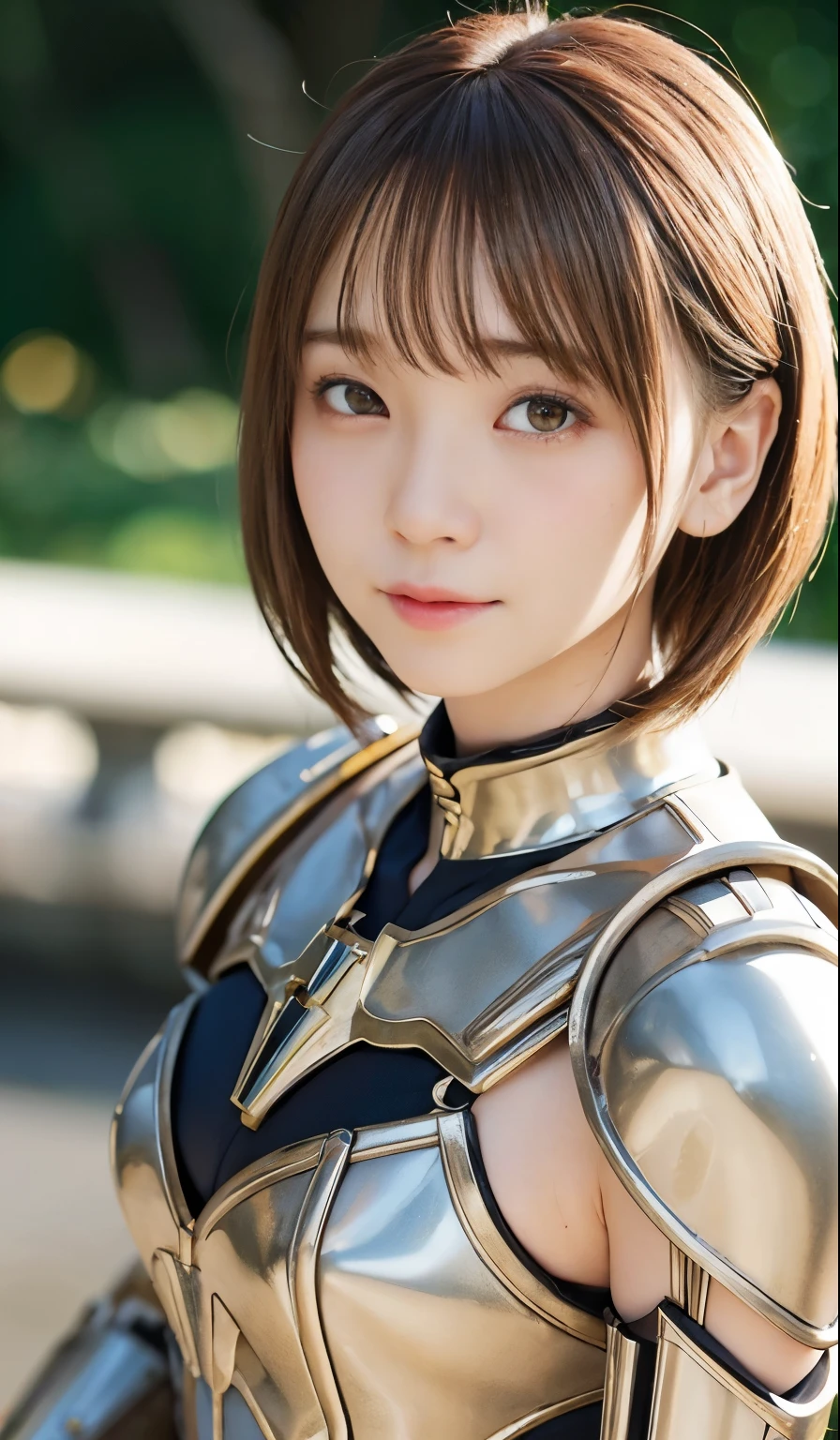 (close up:1.2), top-quality、​masterpiece、超A high resolution、(Photorealsitic:1.4)、Raw photo、1人、Golden hair、glowy skin、(((1 Mechanical Girl)))、With a beautiful knife、（Silver Metal Bodysuit）、(Medieval European city background)、(Small LED)、((super realistic details))、portlate、globalillumination、Shadow、octan render、8K、ultrasharp、metals、Details of complex ornaments、Japan details、highly intricate detail、Realistic light、CGSoation Trends、radiant eyes、Facing the camera、neon details、(Mechanical limbs)、()、Mechanical vertebrae attached to the back、mechanical cervical attaching to neck、()、Gundam、Small LED、Best Quality, Photorealistic, 8K, hight resolution, fulcolor, 1girll, Woman, Female, , (Closed mouth:1.73), Pure white background，Bring skin care products closer to the cheeks，With fair skin，semi transparent， view the viewer:1.8, (1girl eyes looking at viewer:1.55), (Medium Hair, brown haired, parted hair:1.45), (Bokeh),