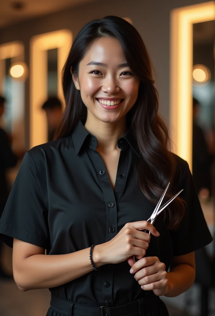 a happy black uniform hairdresser with scissors in hand