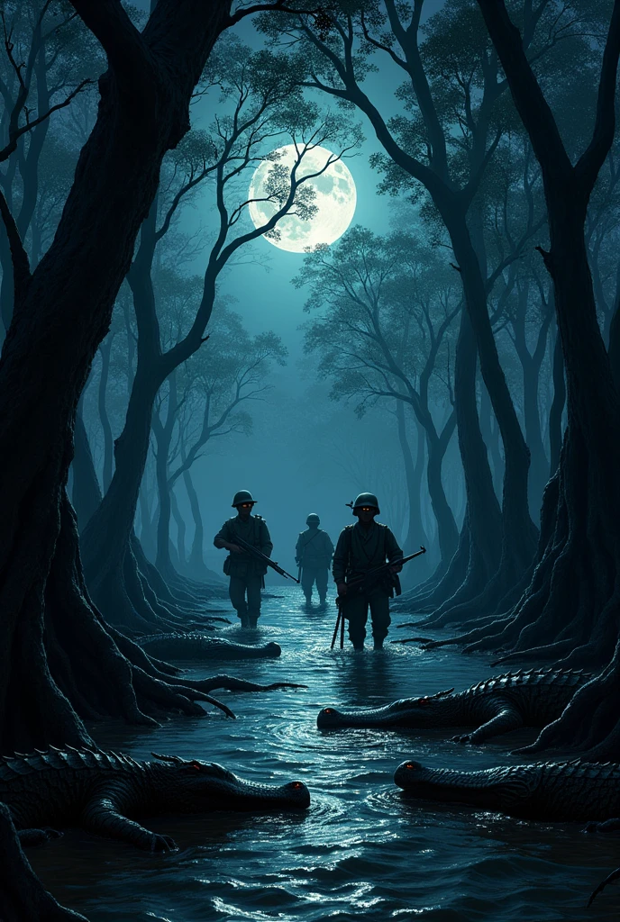 Night Attack in the Mangrove Swamps: "A dark, ominous night in the dense mangrove swamps of Ramree Island during World War II. Japanese soldiers, armed and on edge, are cautiously wading through knee-deep water, surrounded by thick mangrove roots. In the murky water, large saltwater crocodiles lurk, their eyes glowing in the moonlight, about to strike. The scene is tense and filled with a sense of impending doom, with shadows casting eerie shapes in the jungle."