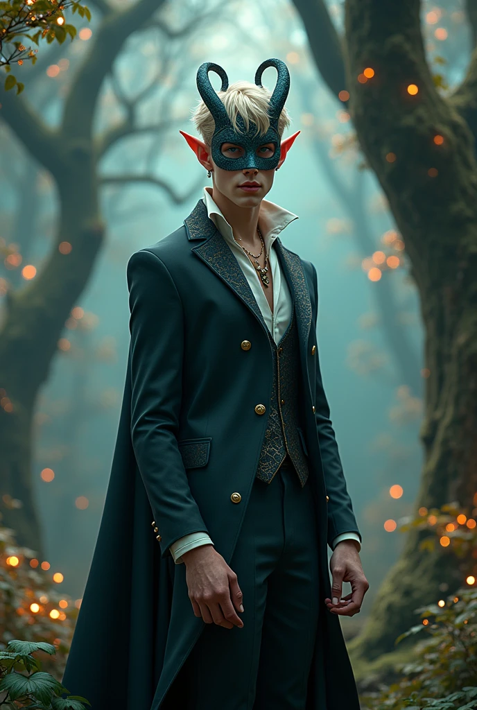 Beautiful male elf, wearing mask, suit and tee on a magic forest