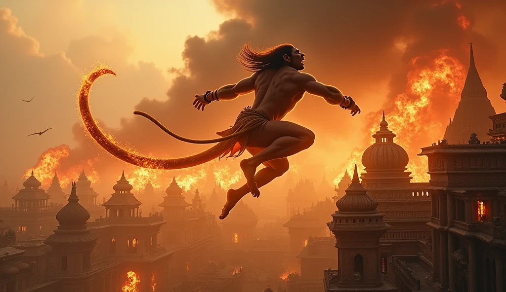 The Burning of Lanka"**: A dramatic image of Hanuman, with his tail on fire, leaping across the rooftops of the city of Lanka. Flames engulf the buildings, and smoke fills the sky. Hanuman’s expression is fierce and determined as he sets fire to Ravana’s kingdom, showcasing his power and divine mission.
