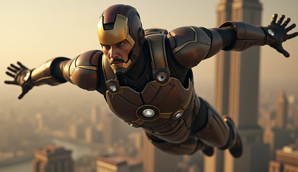 1850's Marvel Avengers character, iron man , vintage iron suit, realistic, realistic character, vintage, vintage character, vintage background, male, avengers tower in background, highly detailed, extremely detailed, 8k, masterpiece, ultra-detailed, photorealistic, hdr, studio lighting, physically-based rendering, extreme detail description, vivid colors, dramatic lighting, cinematic, epic, flying in the air wearing vitage iron man suit from 90s
