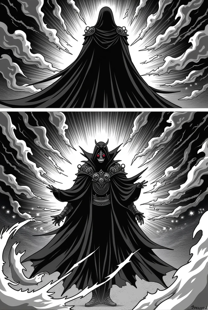 Give me a panel of main villain was ready to use a dead technique and said that will said "scale of the dragon" and second panel main villain said "recoil" and the third panel main villain said " twin meteor" and next panel said " world cutting slash " and the next panel main character was shock manga version 