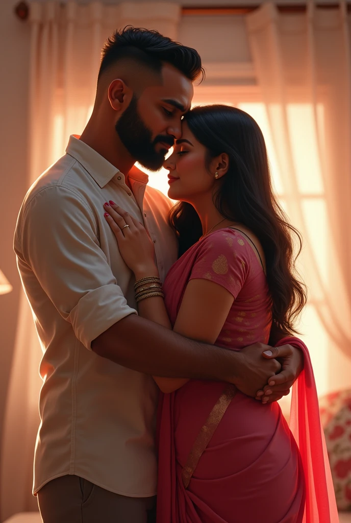 a mature indian pale color man with a beard, hair should be short , dressed in a suit, standing behind a woman who is wearing a saree and blouse, medium obese and looks sexy .The woman leans on his chest and hugging him while the man, with a mature and confident expression, gently embraces her from behind. The man’s appearance is distinctly mature, avoiding any childish or boyish traits. The scene captures an intimate, warm moment with soft lighting and pastel tones. The background is softly blurred, emphasizing the cozy and romantic atmosphere with a realistic . The man should have fully buzz cut hair