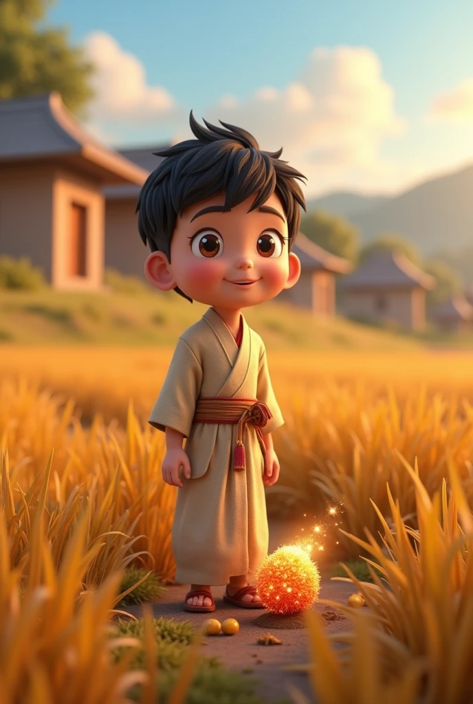 In cinematic  3d cartoon style '**Title: मोहन की अच्छाई**

**Description:** A picturesque village scene featuring a young, hardworking boy named मोहन in traditional attire, working diligently in a field. In the background, there is a glimpse of a small, simple village with modest houses. The focus is on मोहन discovering a beautiful, sparkling piece of jewelry in the field. The jewelry is prominently displayed, reflecting its beauty. In another part of the scene, मोहन is seen presenting the jewelry to the village chief, who looks impressed. Finally, depict मोहन using the money received from the chief to repair a village school and helping impoverished villagers. The overall atmosphere should be warm and filled with a sense of community and goodwill'