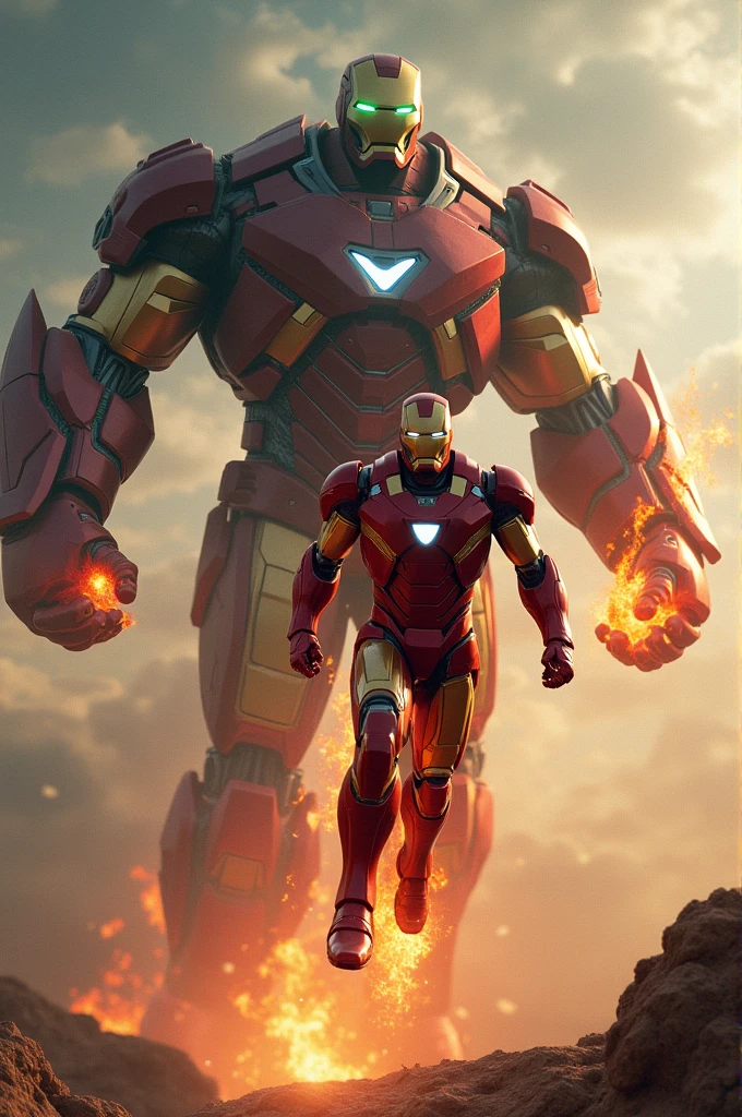 Iron man flying in sky behind with big Titan running with fire his eyes will be green