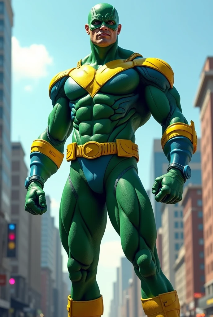 a superhero in a green outfit, yellow and blue