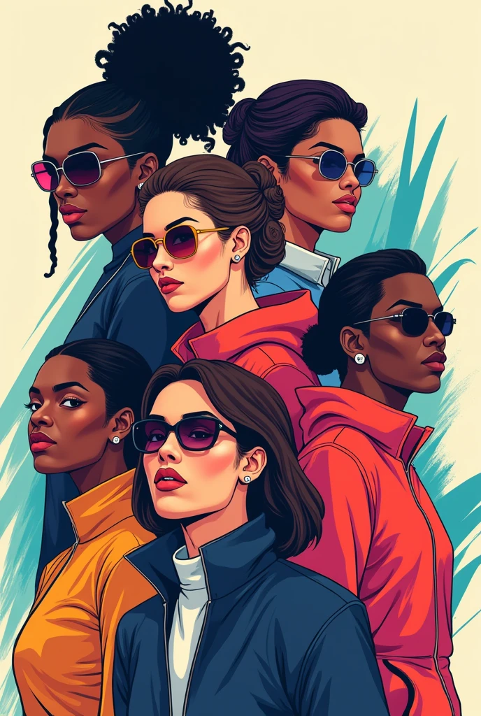 "Create a dynamic vector portrait titled 'Cruise Squad 2025.' The artwork should feature a group of futuristic, stylish individuals, each with a unique, vibrant appearance. Use bold colors and clean lines to highlight their distinct personalities and attire. The individuals should be positioned together, showcasing a sense of camaraderie and adventure. The background should be simple yet complementary, perhaps incorporating abstract or geometric elements to enhance the futuristic theme. Aim for a modern, energetic look with a focus on sharp details and smooth gradients."