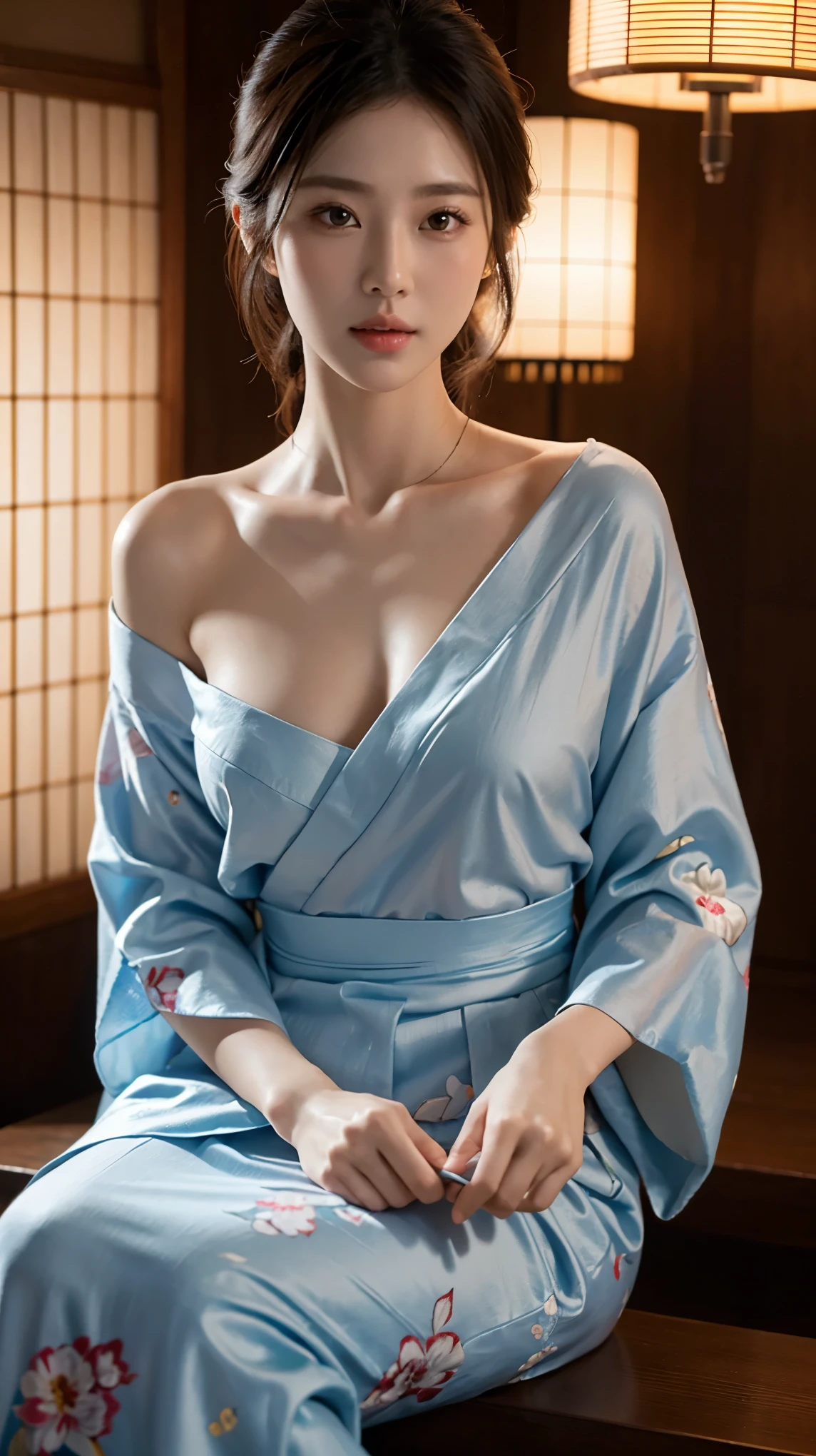 face  :9,41434626], A charming beautiful mature woman、40 years、key　154cm、Balanced body type、hourglass figure、Japan wearing yukata、Yukata at a Japanese inn、Shoulders out、clavicle、japanese model、sexy japanese women, Gorgeous Japanese Women, japanese goddess, laugh、RAW photos, (In 8K、best quality、masterpiece:1.2)、(intricate details:1.4)、(realistic:1.4)、octane rendering、Highly detailed 3D rendering, studio lighting, rim light, vivid details, super detail, realistic skin texture, detailed aspects, Beautiful details for the eyes, Highly detailed CG Unity 16k wallpaper, compensate, (detailed background:1.2),　glowing skin、