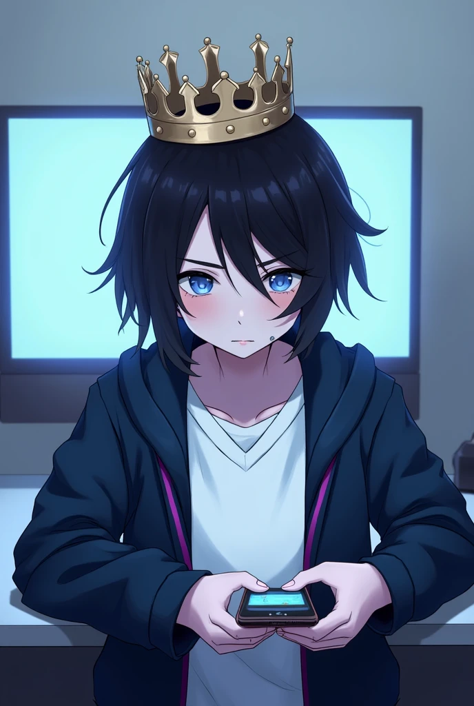 One person,Black Hair, Asymmetrical bangs, Parting the bangs,Blue Eyes,Drooping eyes,White T-shirt,Navy blue jacket,smartphone,computer,Simple background,cool,Illness,Confused eyes,Distributor,crown,King