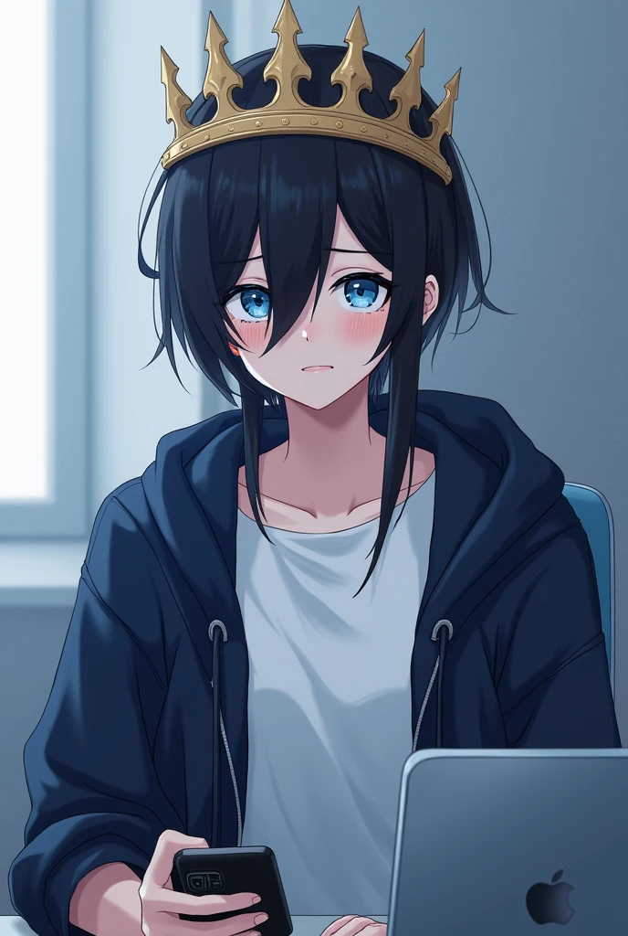 One person,Black Hair, Asymmetrical bangs, Parting the bangs,Blue Eyes,Drooping eyes,White T-shirt,Navy blue jacket,smartphone,computer,Simple background,cool,Illness,Confused eyes,Distributor,crown,King