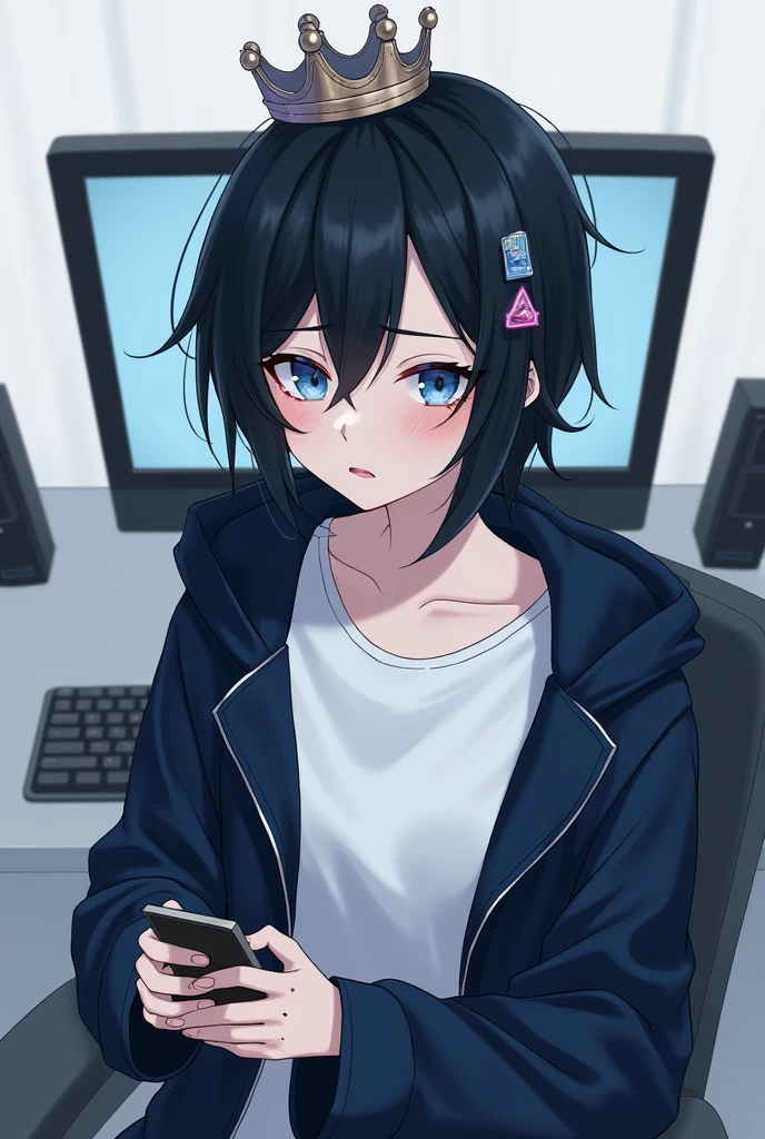 One person,Black Hair, Asymmetrical bangs, Parting the bangs,Blue Eyes,Drooping eyes,White T-shirt,Navy blue jacket,smartphone,computer,Simple background,cool,Illness,Confused eyes,Distributor,crown,King