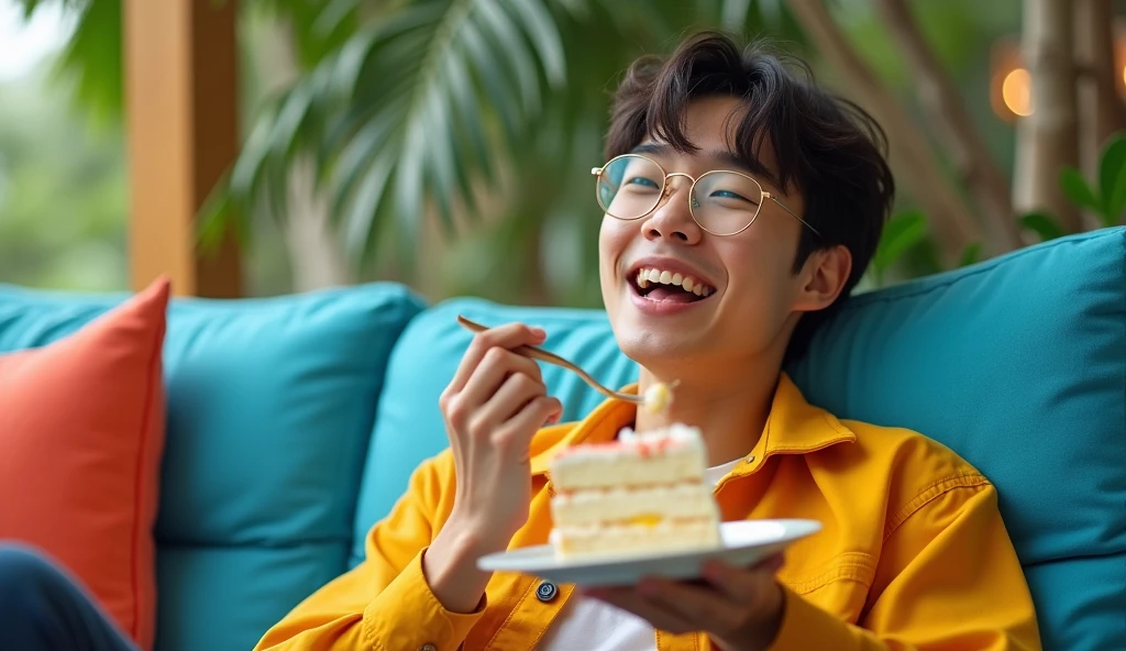 A Japanese male college student wearing fashionable clothes is sitting on a blue sofa with a cheerful expression, looking into the distance and eating cake with a fork,Excited, Photo of your face, In a colorful room, with a natural look, With a slightly tired look, tilt your face a little, Diagonal orientation, Average face