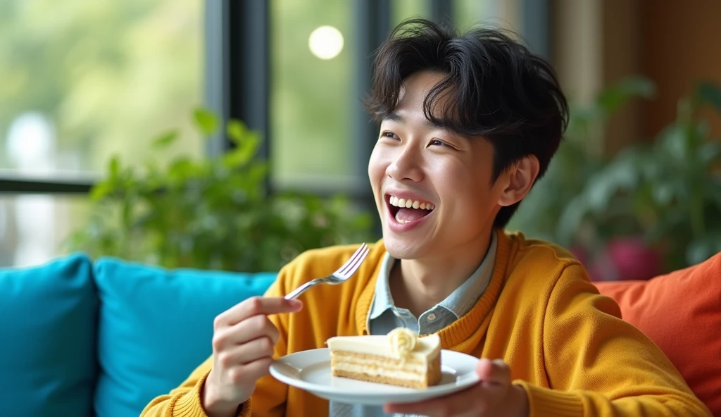A Japanese male college student wearing fashionable clothes is sitting on a blue sofa with a cheerful expression, looking into the distance and eating cake with a fork,Excited, Photo of your face, In a colorful room, with a natural look, With a slightly tired look, tilt your face a little, Diagonal orientation, Average face