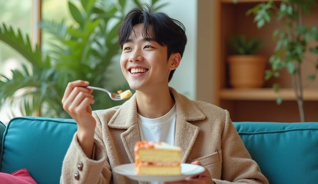 A Japanese male college student wearing fashionable clothes is sitting on a blue sofa with a cheerful expression, looking into the distance and eating cake with a fork,Excited, Photo of your face, In a colorful room, with a natural look, With a slightly tired look, tilt your face a little, Diagonal orientation, Average face