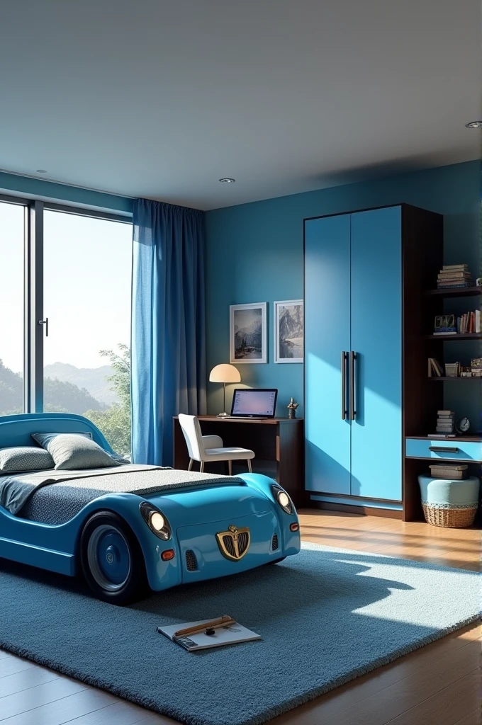 Car shaped bed and wardrobe with blue and black interior in spacious bedroom with window with scenery suitable furniture and lamp and study table kids bedroom with laptop