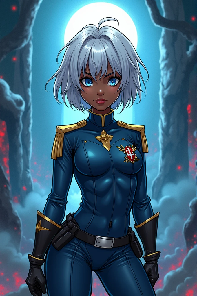 demon slayer girl, African American with blue eyes, short white hair, Misturi Kanroji demon slaying uniform, , demon slayer comic